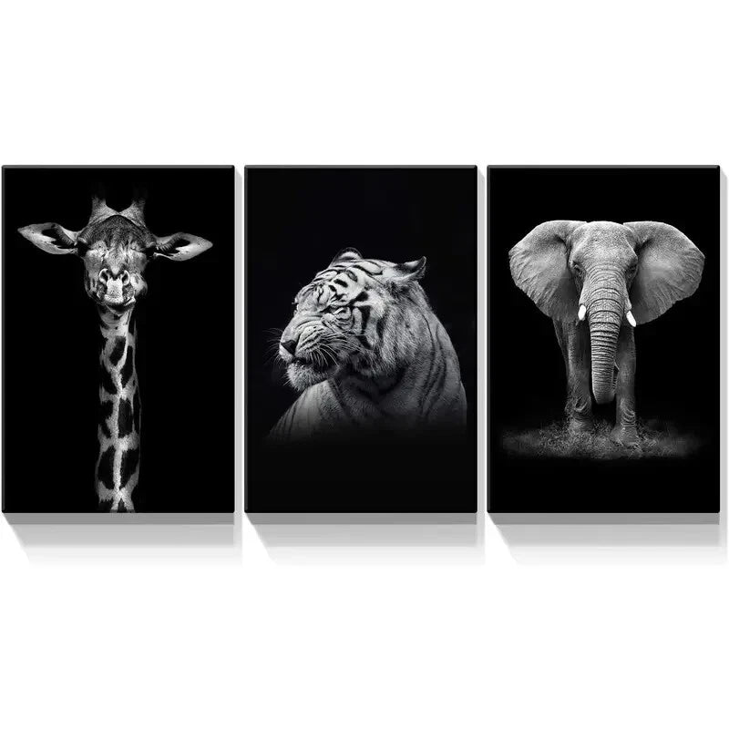 3-Piece Giraffe, Tiger & Elephant Metal Wall Art Prints - Ready to Hang Jungle Animal Decor for Living Room, Nursery & Office