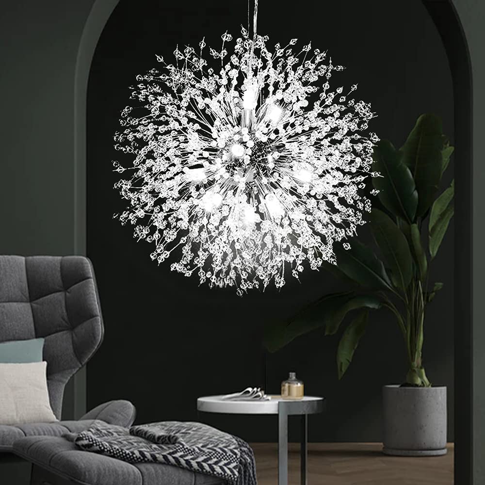 Modern Firework Chrome Crystal Chandelier - 12-Light Sputnik Dandelion Pendant Lighting Fixture for Dining Room, Living Room, Bedroom, Kitchen & Restaurant | Elegant Ceiling Decor for Home, Hotel and Commercial Spaces