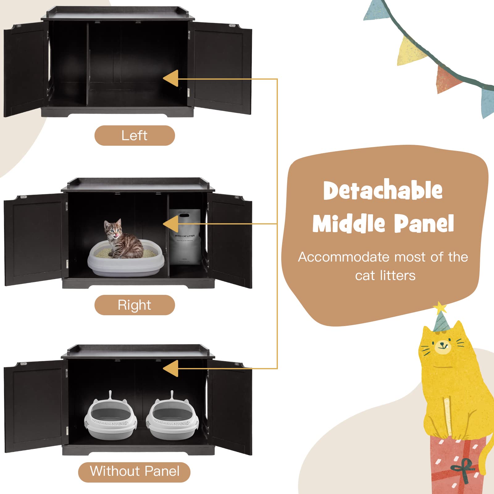 PETSITE Wooden Cat Litter Box Enclosure - Hidden Litter Box Bench with Double Doors, Removable Divider & Storage Shelf | Stylish Cat Litter Box Furniture for Home, Living Room or Bedroom (Black)