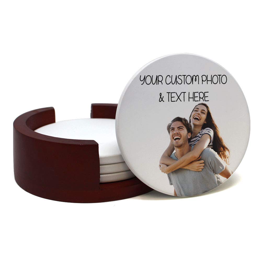 Personalized Sandstone Drink Coasters Set - 4x4 Inches Custom Photo & Text Coasters with Mahogany Rack - Funny Housewarming Gift for Bar, Home & Office Use