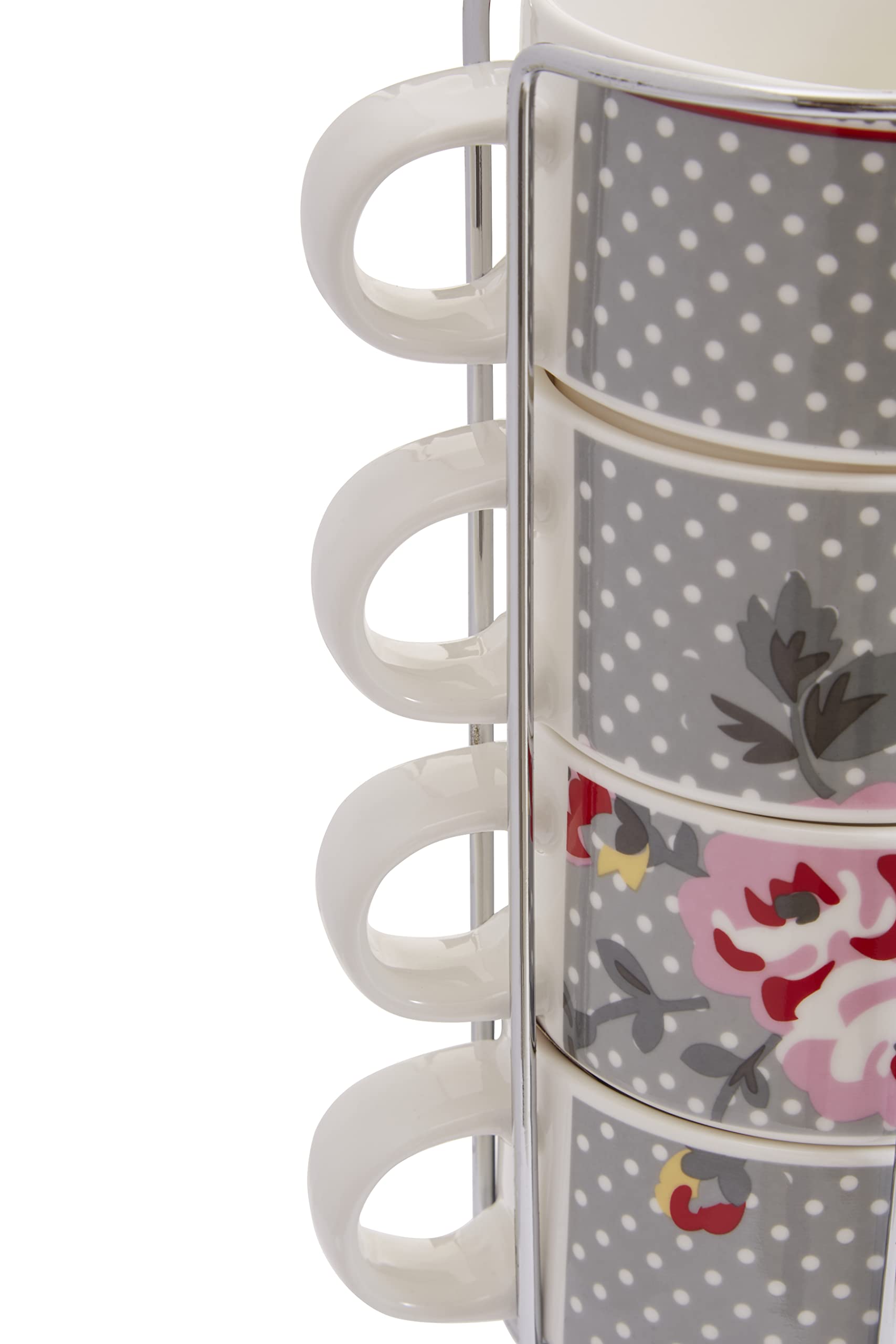 Premier Housewares 4-Piece 330ml Espresso Coffee Cups Set - Bone China with Chrome Stacking Mug Holder (10.5x11x8.5cm Each, 25x11x11cm Stand) - Perfect for Home, Café & Office Use