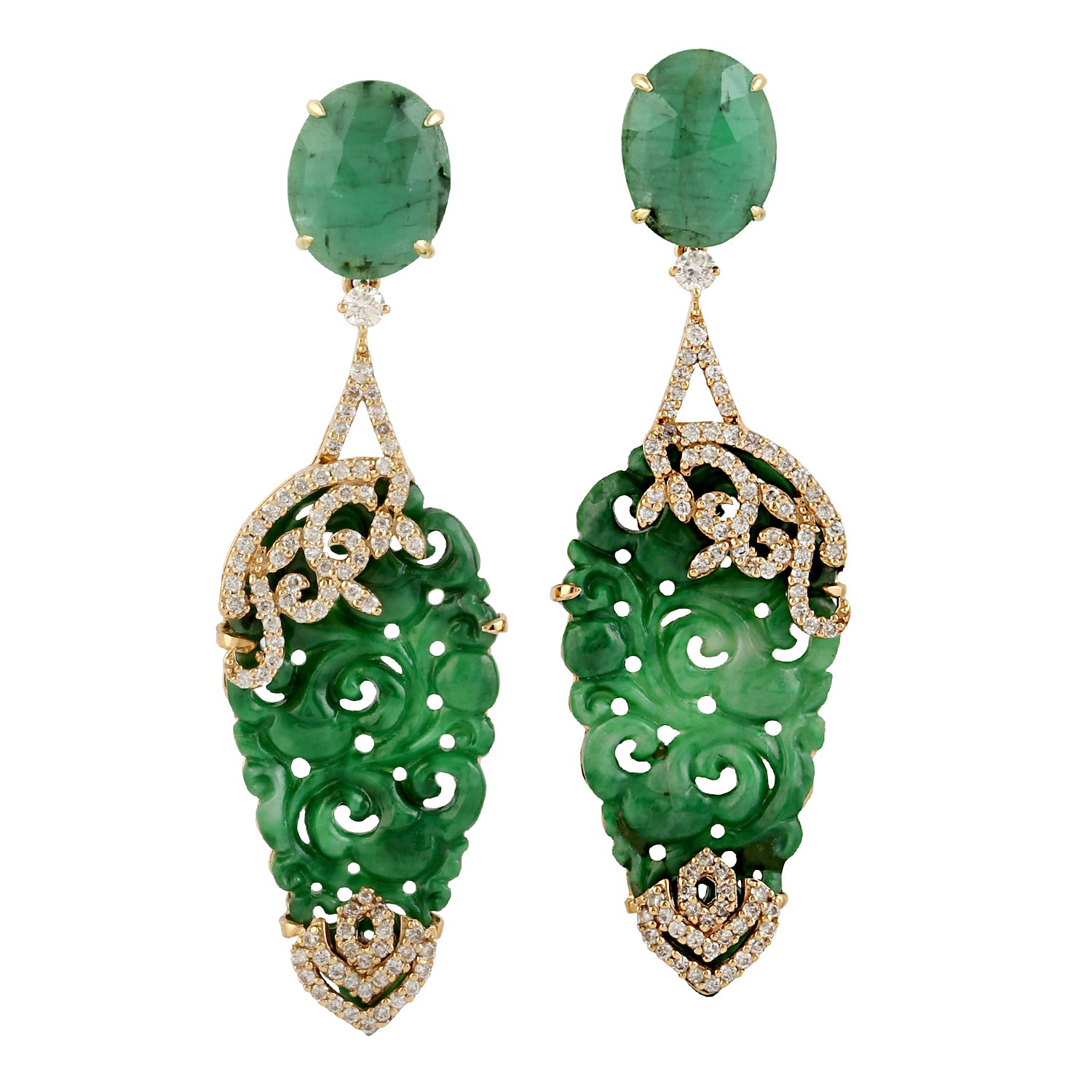 Handmade 18K Yellow Gold Oval Cut Emerald Pave Diamond Dangle Earrings – Perfect for Weddings, Parties & Special Occasions