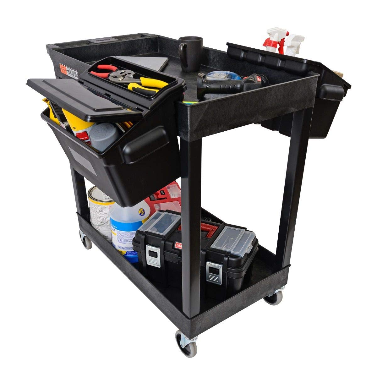 LUXOR EC11-B-OUTRIG Heavy Duty Plastic Utility Tub Cart with 2 Shelves & Outrigger Bins - 32
