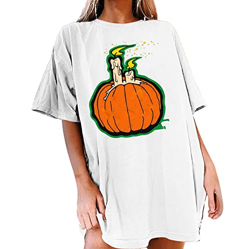 Halloween Pumpkin Graphic T-Shirt for Women - Plus Size Loose Fit Casual Round Neck Short Sleeve Top (White, Small) | Perfect for Halloween Parties, Costume Events & Autumn Outfits