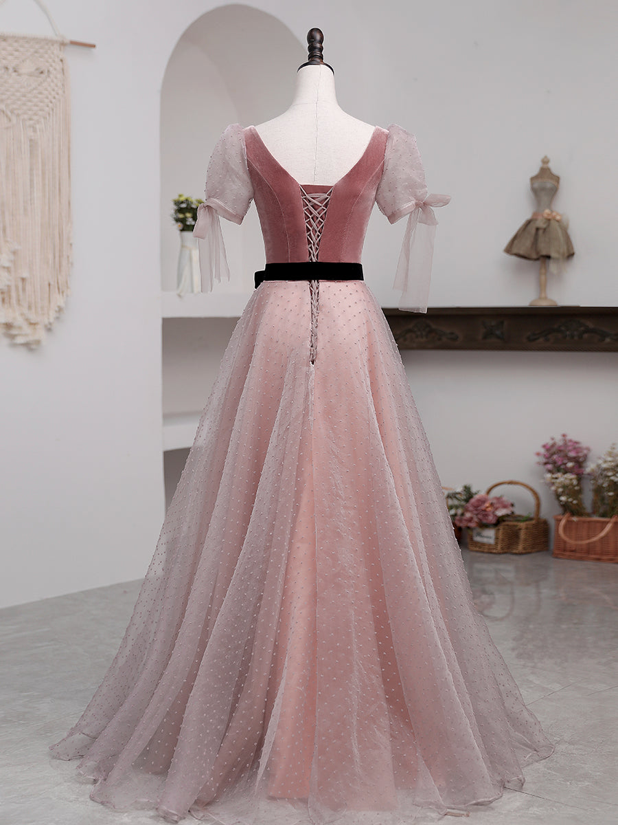 Elegant A-Line Pink Tulle Velvet Long Prom Dress for Women - Formal Evening Gown for Homecoming, Quinceañera & Special Occasions