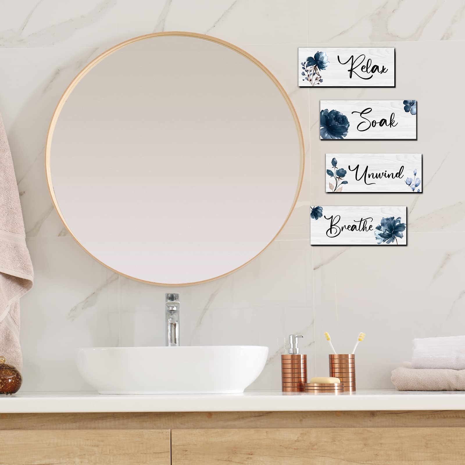 4-Piece Rustic Farmhouse Bathroom Wall Art Set - Wooden Hanging Signs with 'Relax Soak Unwind Breathe' Quotes - Perfect for Home Spa, Bathroom & Laundry Decor - Creates a Calming Atmosphere for Self-Care Moments