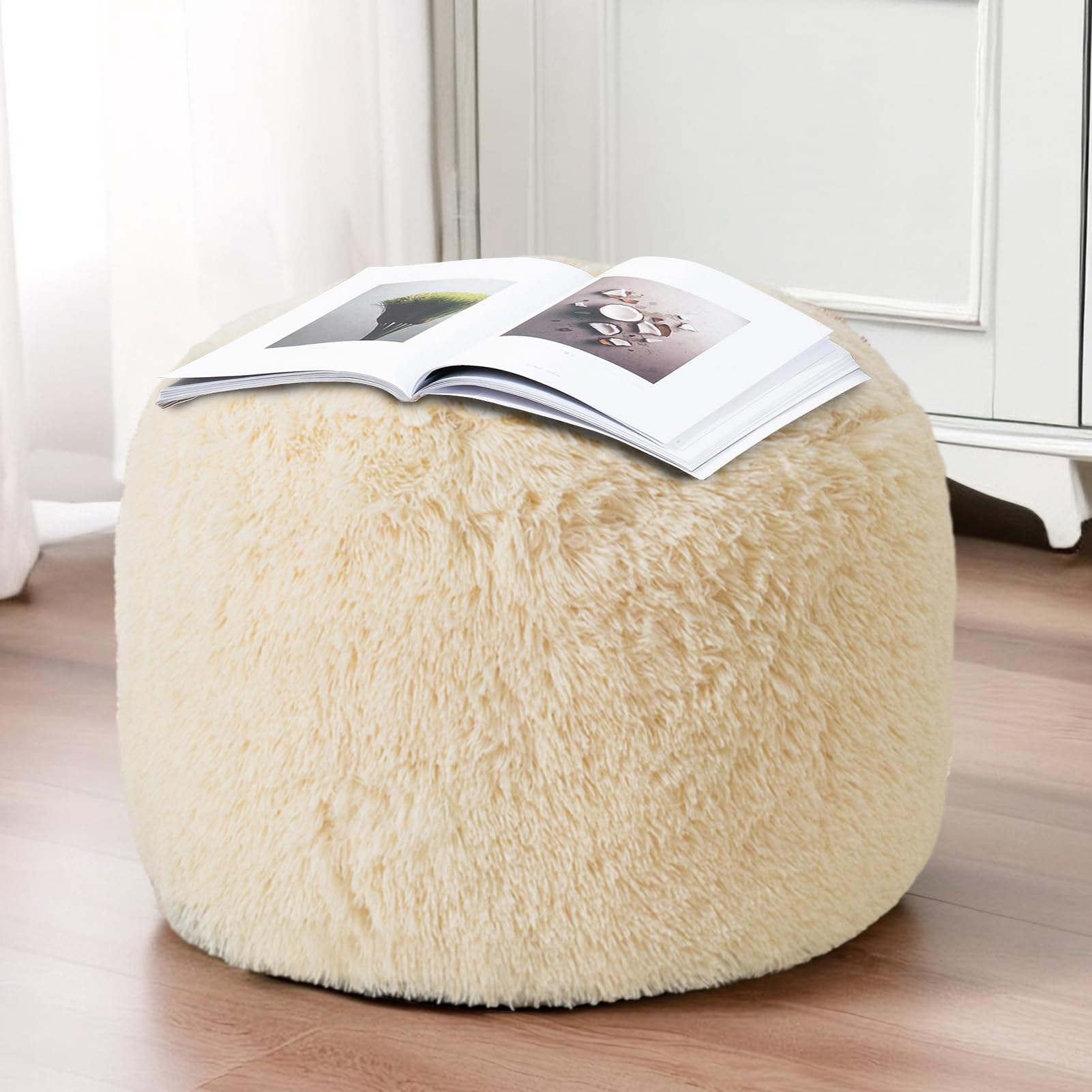 MAXYOYO Round Stuffed Pouf Ottoman - Long Faux Fur Footrest with Foam Chunk Filling, Beige - Perfect for Living Room, Bedroom & Nursery Decor