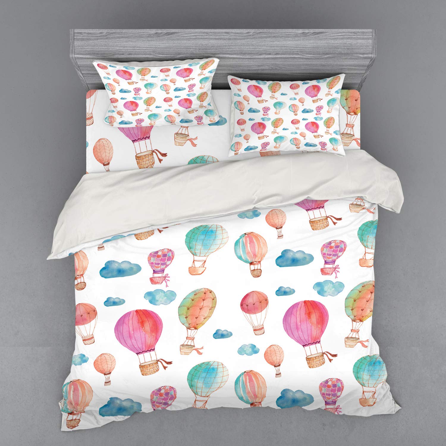Ambesonne Watercolor Bedding Set - King Size 4 Piece Duvet Cover with Shams & Fitted Sheet - Hand Painted Hot Air Balloons & Clouds Print in Blue Pink Coral - Soft & Breathable for Bedroom Decor, Guest Room, Dorm, Airbnb