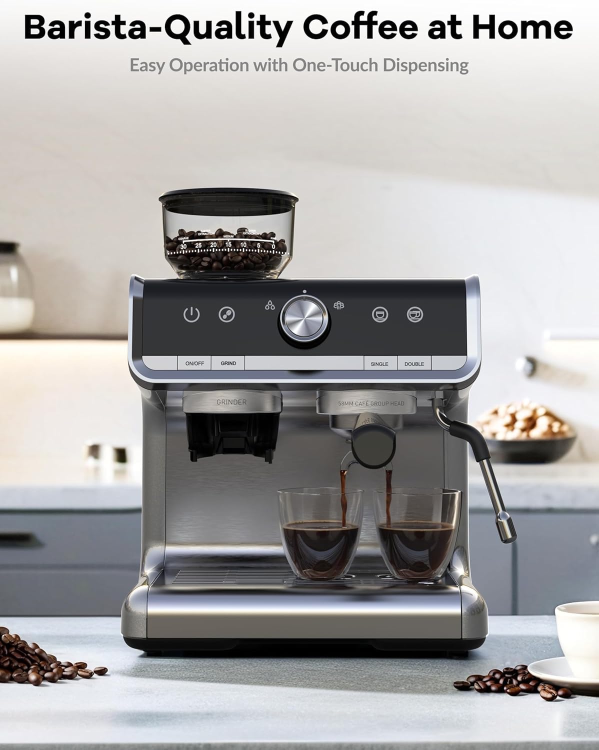 20 Bar Professional Espresso Machine with Built-in Grinder & Milk Frother - 95oz Removable Water Tank for Latte, Cappuccino - Stainless Steel Home Coffee Maker for Kitchen, Office & Small Cafes