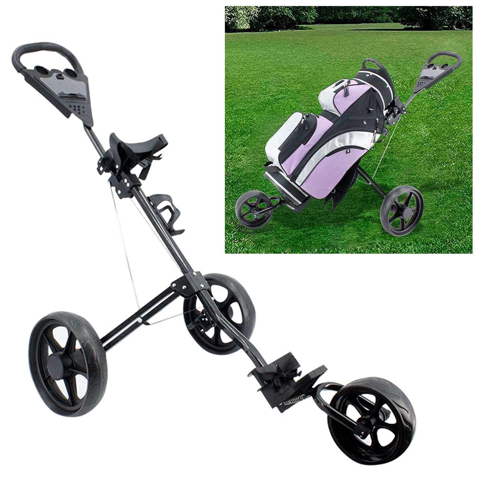 Lightweight Aluminum Alloy Push Pull Golf Cart with Foot Brake, Cup Holder & Scoreboard - 3-Round Golf Trolley for Men, Women & Kids - Perfect for Outdoor Practice & Game Accessories (Ideal for Golf Courses, Driving Ranges & Backyard Practice)