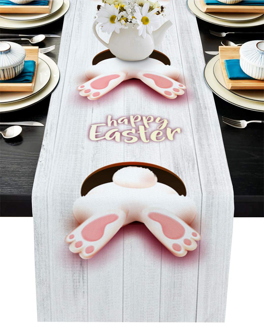YEHO Art Gallery Cotton Linen Table Runners - Funny Rabbit Easter Table Cover for Wedding, Party & Home Decor (18x72 Inches) | Perfect for Garden Events, Indoor Dining & Outdoor Celebrations