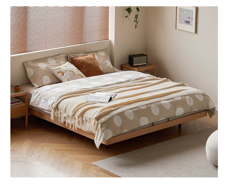 Solid Oak Wood Platform Bed - Headboard Free Modern Design with Night Light - Perfect for Bedroom, Guest Room & Small Spaces