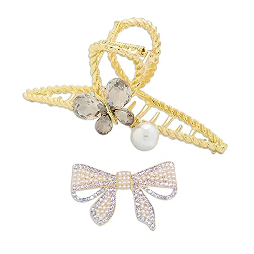 YIZHENMY Grey Crystal Butterfly Hair Claw Clips for Women - Large Non-Slip Pearl Hair Clips for Styling, Elegant Hair Accessories for Women & Girls (Bow Included) - Perfect for Parties, Weddings & Everyday Wear