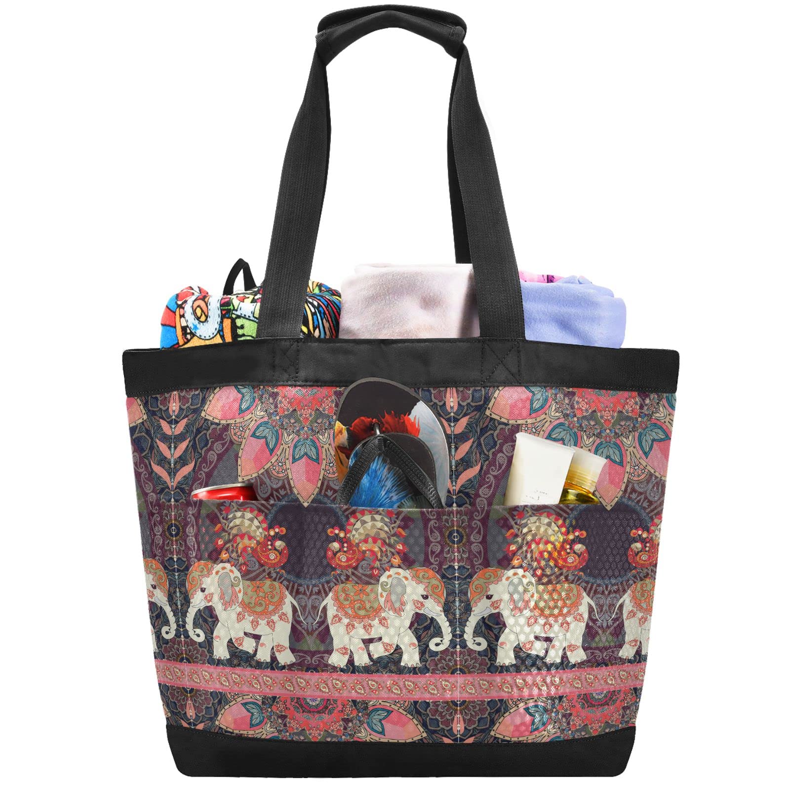 J JOYSAY Large Mesh Beach Tote Bag for Women - Exotic Elephant & Peacock Print Shoulder Bag, Reusable Grocery Tote - Perfect for Beach Trips, Pool Parties, Shopping & Travel Essentials