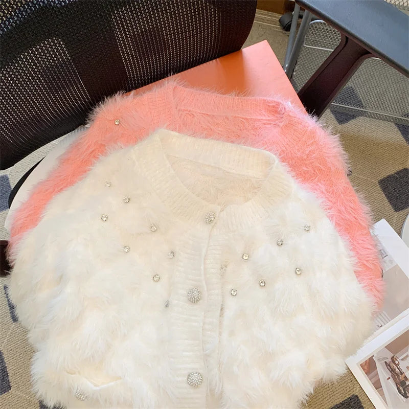 Elegant Women's Pink V-Neck Mohair Knit Cardigan Sweater - French White Diamond Design, Long Sleeve Single Breasted Top for Autumn Winter | Perfect for Office Wear, Date Nights & Cozy Evenings