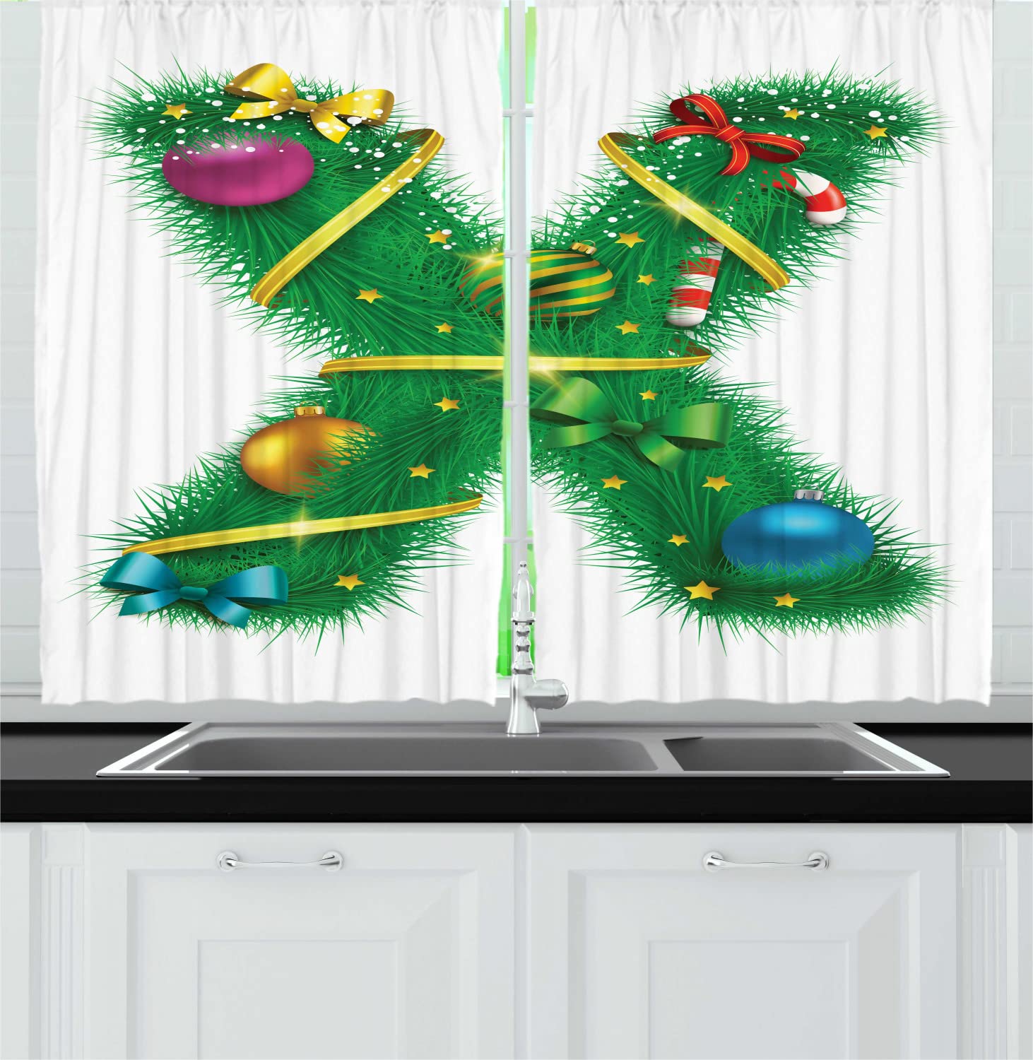 Ambesonne Christmas Alphabet Long Kitchen Curtains - X Letter Design with Ribbons & Candy Cane Pattern, White & Green Holiday Drapes (Set of 2 Panels, 55