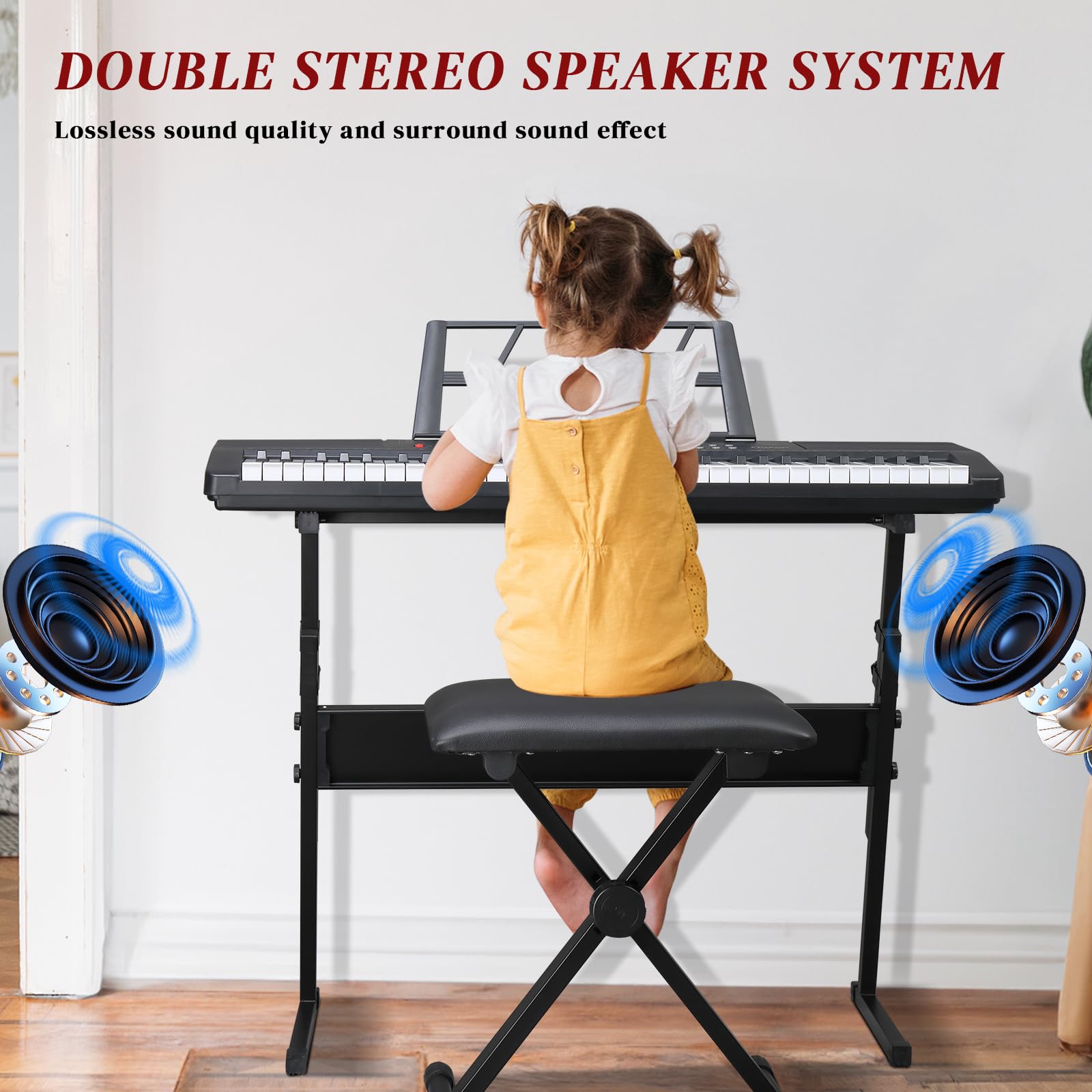 Ktaxon 61-Key Electronic Keyboard Piano Set with Headphone, Microphone, Music Stand, Power Adapter, Adjustable Bench - Portable Digital Piano for Beginners & Kids - Perfect for Home Practice, Music Lessons & Live Performances (Black)