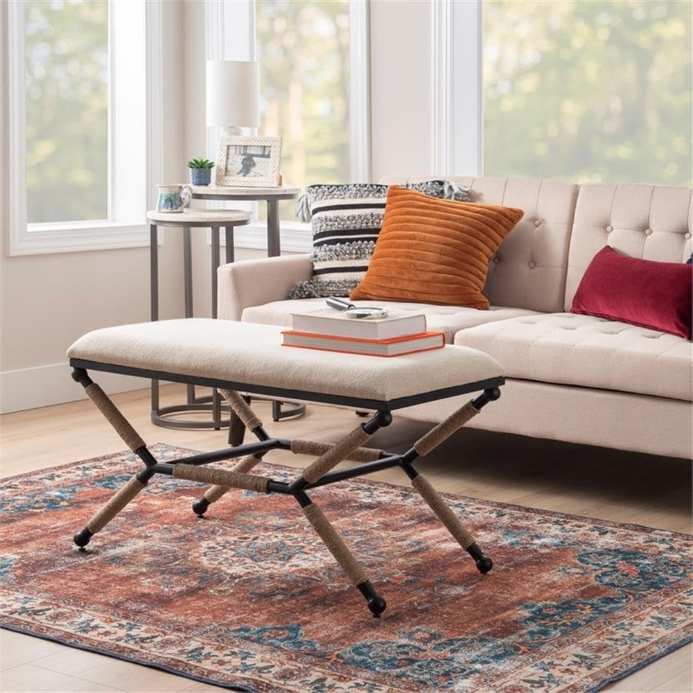 Linon Anna Campaign Accent Bench - Black Metal Legs with Cream Rope Detail - Perfect for Entryway, Bedroom or Living Room Decor