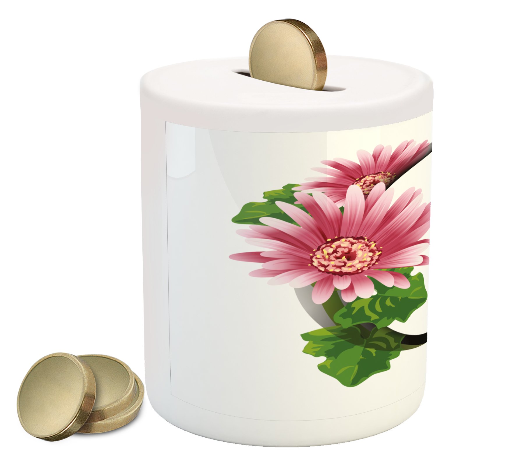 Ambesonne Ceramic Piggy Bank - Letter G with Gerbera Flower & Spring Font, Money Box for Cash Savings (Pink, Green, Black) | Perfect Gift for Birthdays, Baby Showers & Alphabet Learning