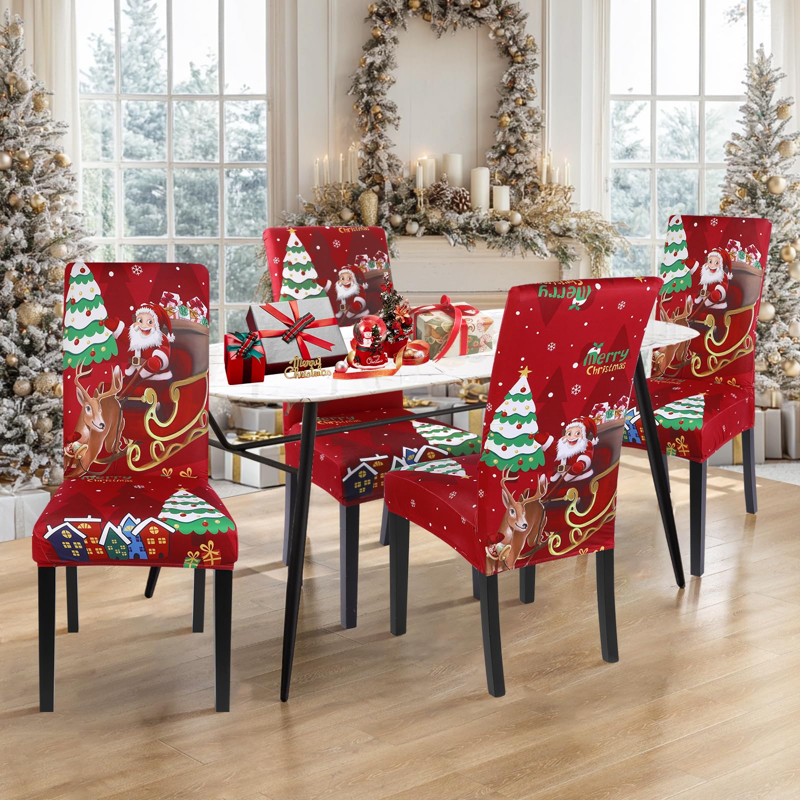 Stretchable Christmas Dining Chair Covers Set of 4 - Washable Spandex Xmas Parsons Chair Slipcovers with Santa & Deer Print for Holiday Decorations, Kitchen & Party Use - Perfect for Christmas Dinner, Family Gatherings & Festive Home Decor