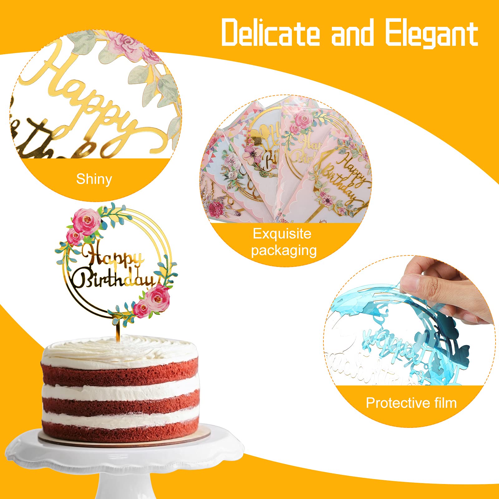 Jetec 6-Piece Gold Flower Acrylic Cake Toppers Set - Happy Birthday Cupcake Decorations for Parties, Anniversaries & Pastries | Perfect for Wedding, Baby Shower & Celebration Cakes