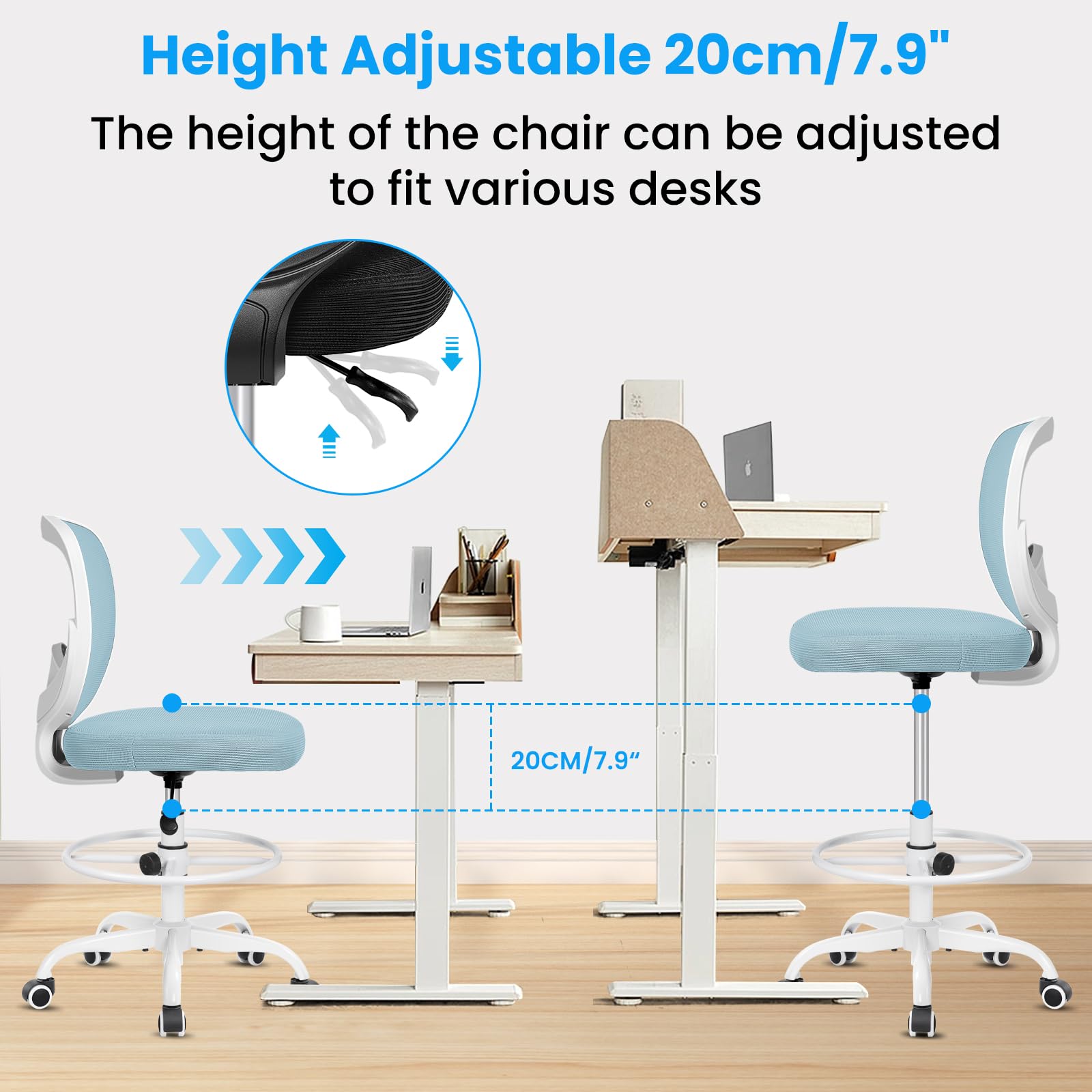 **Ergonomic Drafting Chair - Adjustable Height Office Stool with Footrest for Standing Desks, Rolling Armless High Chair for Artists & Designers - Perfect for Home Office, Studio & Workspaces**