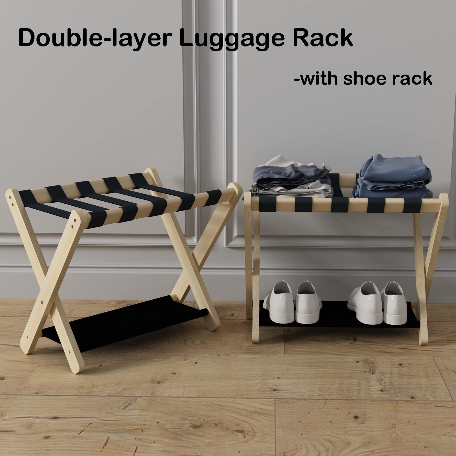 Foldable Wooden Luggage Rack Set of 2 - Double Tier Suitcase Stand with Shoe Shelf | Portable Travel Bag Storage Organizer | Perfect for Bedroom, Hotel & Small Space Organization | Durable Home Storage Solution