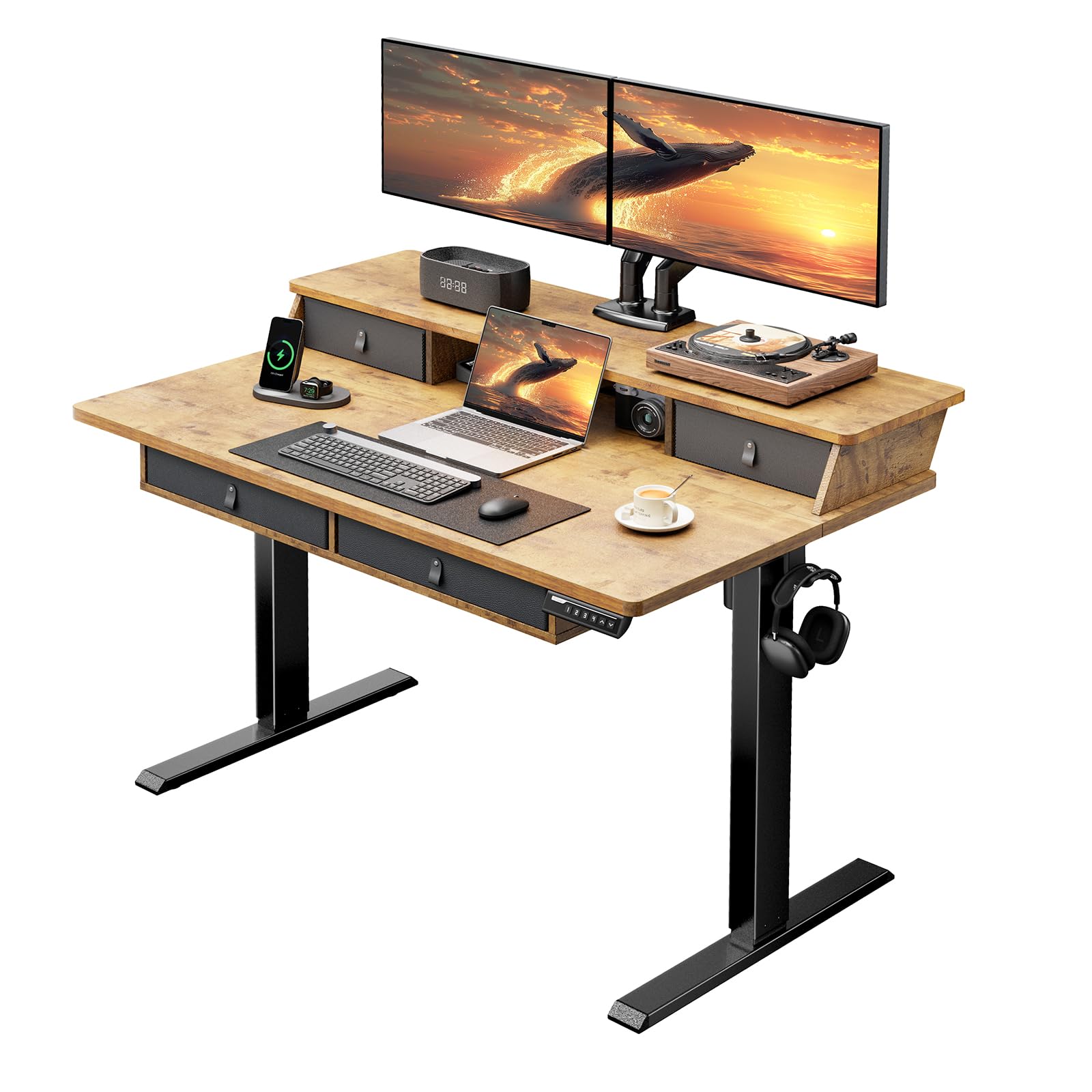 ErGear 48 x 30 Inches Electric Height Adjustable Standing Desk with Storage Drawers - Sit Stand Computer Desk with 4 Memory Presets, Cable Management Tray & Vintage Brown Finish - Perfect for Home Office, Gaming Setup & Workspace Ergonomics