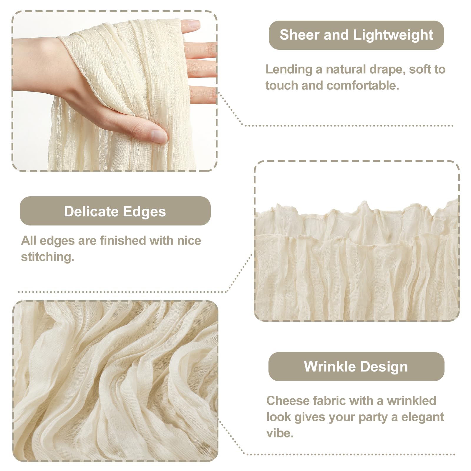 Beige Cheesecloth Table Runner 36x120 Inches - 4 Pack Rustic Gauze Table Swags for Farmhouse Decor, Wedding Centerpieces & Holiday Table Settings
