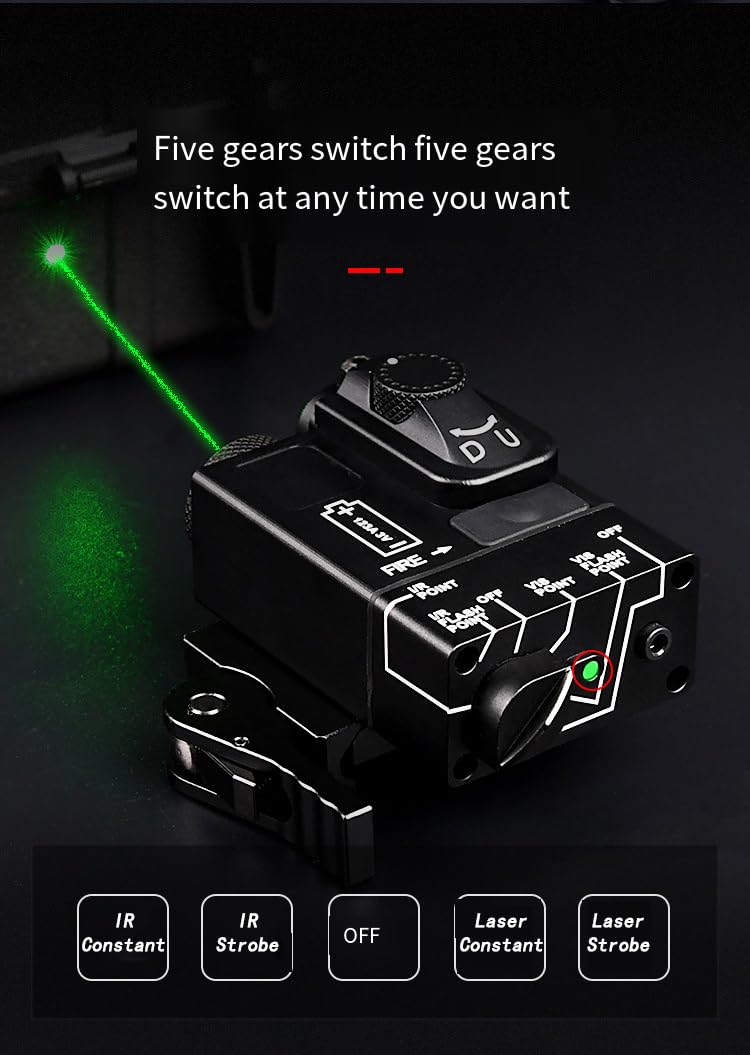 Metal DL-Mini Box Laser Sight with Quick Release Base Mount | IR + Red/Green/Blue Laser | Strobe/Constant Modes | Remote Pressure Switch | Fits 20mm Picatinny Rail (Green Laser) - Perfect for Tactical Shooting, Hunting & Airsoft