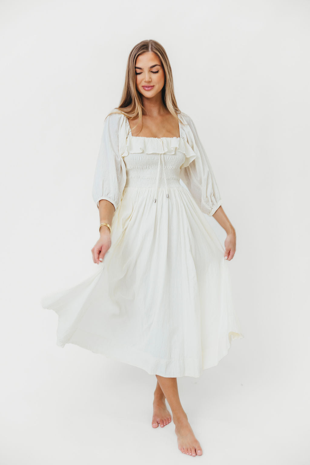 Miffy Ruffled Smocking Flowy Midi Dress in Ivory - Elegant Summer Dress for Women, Perfect for Weddings, Parties & Beach Vacations