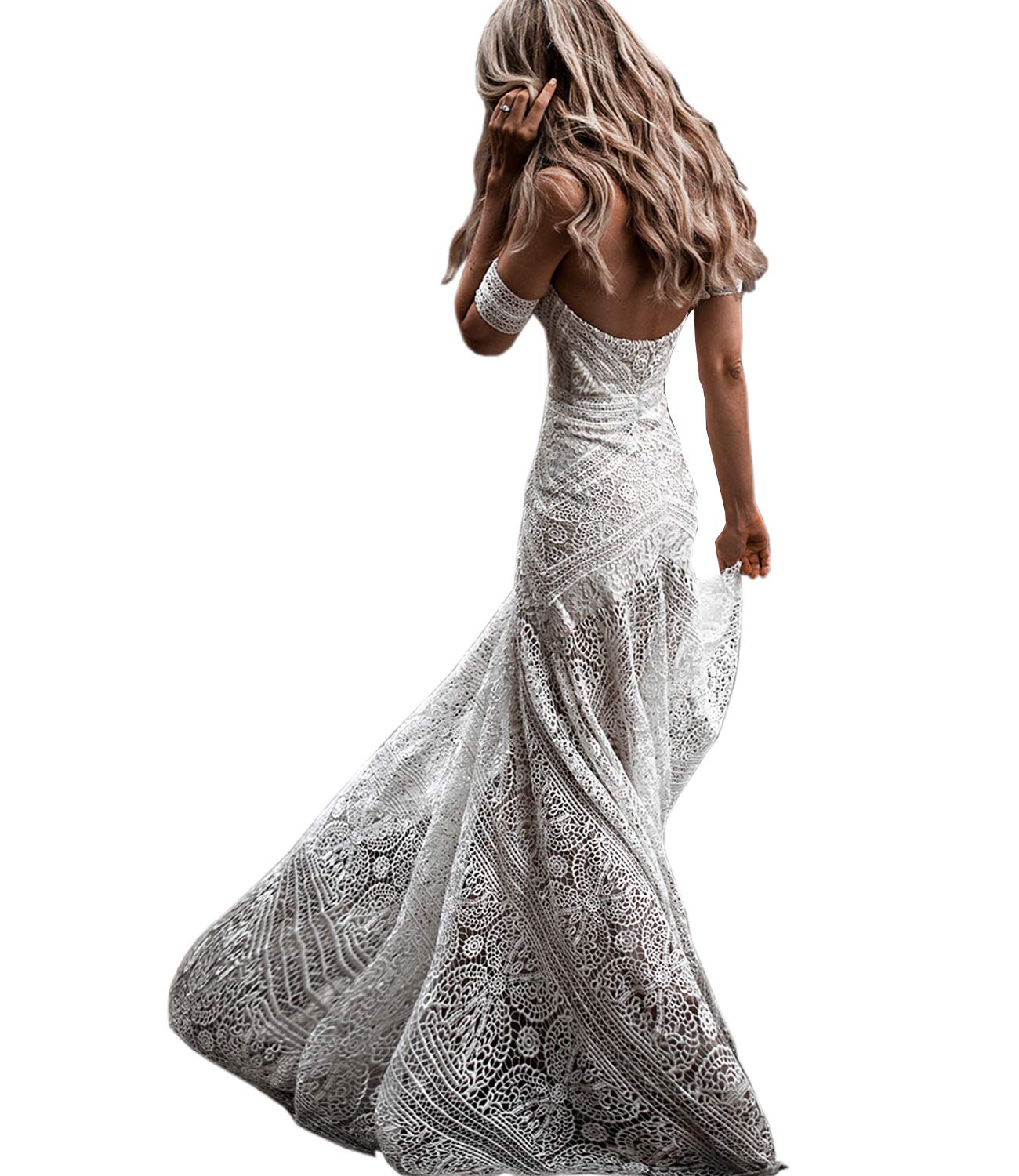 LIPOSA Women's Bohemian Wedding Dress with Detachable Arm Bands - Sweetheart Neckline Mermaid Lace Bridal Gown for Beach, Garden & Outdoor Ceremonies