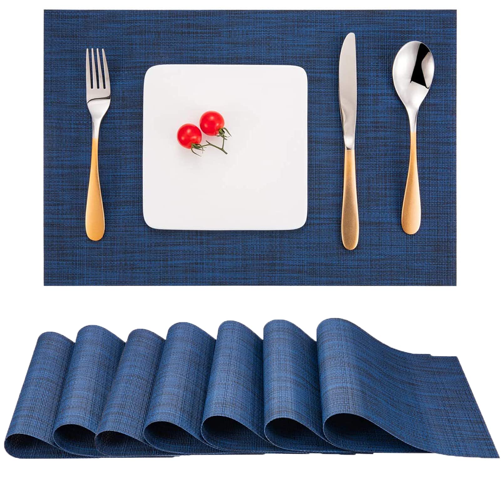 Premium Washable Non-Slip Heatproof Woven Placemats Set of 8 - Dark Blue PVC Fabric Dining Table Mats for Indoor Use | Perfect for Everyday Meals, Dinner Parties & Holiday Gatherings