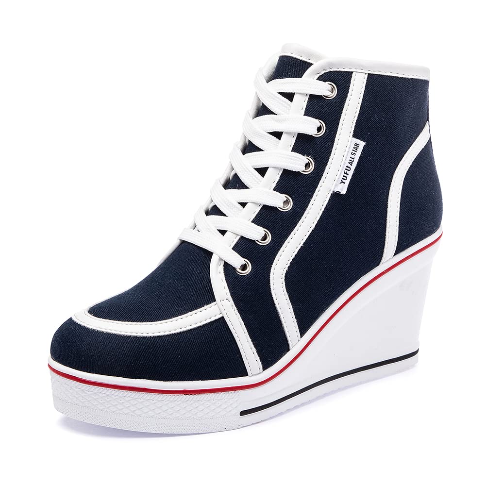 Women's Wedge Sneakers with Side Zipper - Comfortable High Heel Canvas Lace-Up Shoes for Women & Girls | Perfect for Casual Wear, Work & Everyday Fashion