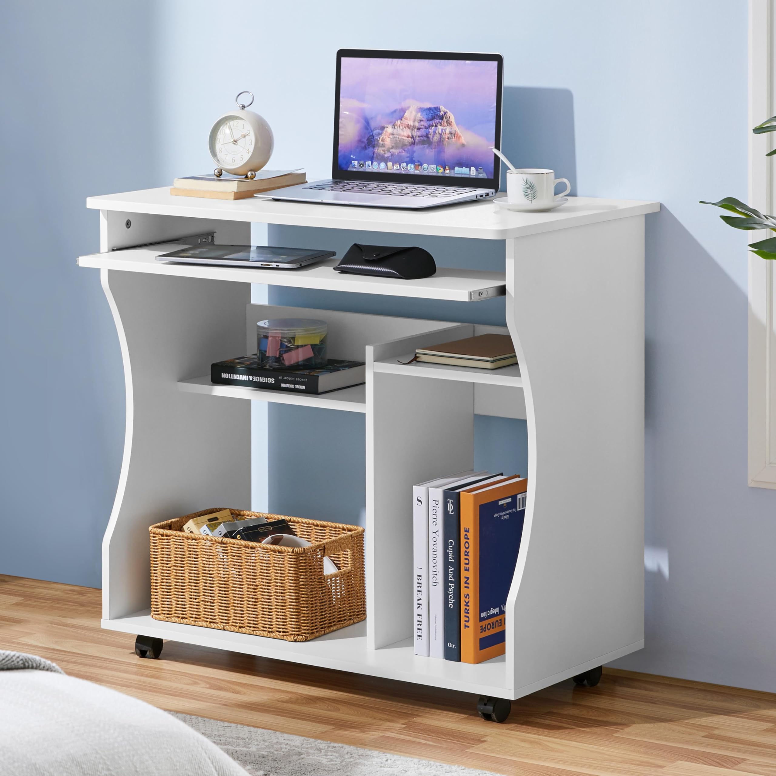 Yaheetech Adjustable Height Mobile Computer Desk with Keyboard Tray & 2 Shelves - 80.1 x 48.1 x 76.2 cm White Rolling Workstation for Home Office, Study, Gaming & Small Spaces - Easy to Move & Space Saving Design