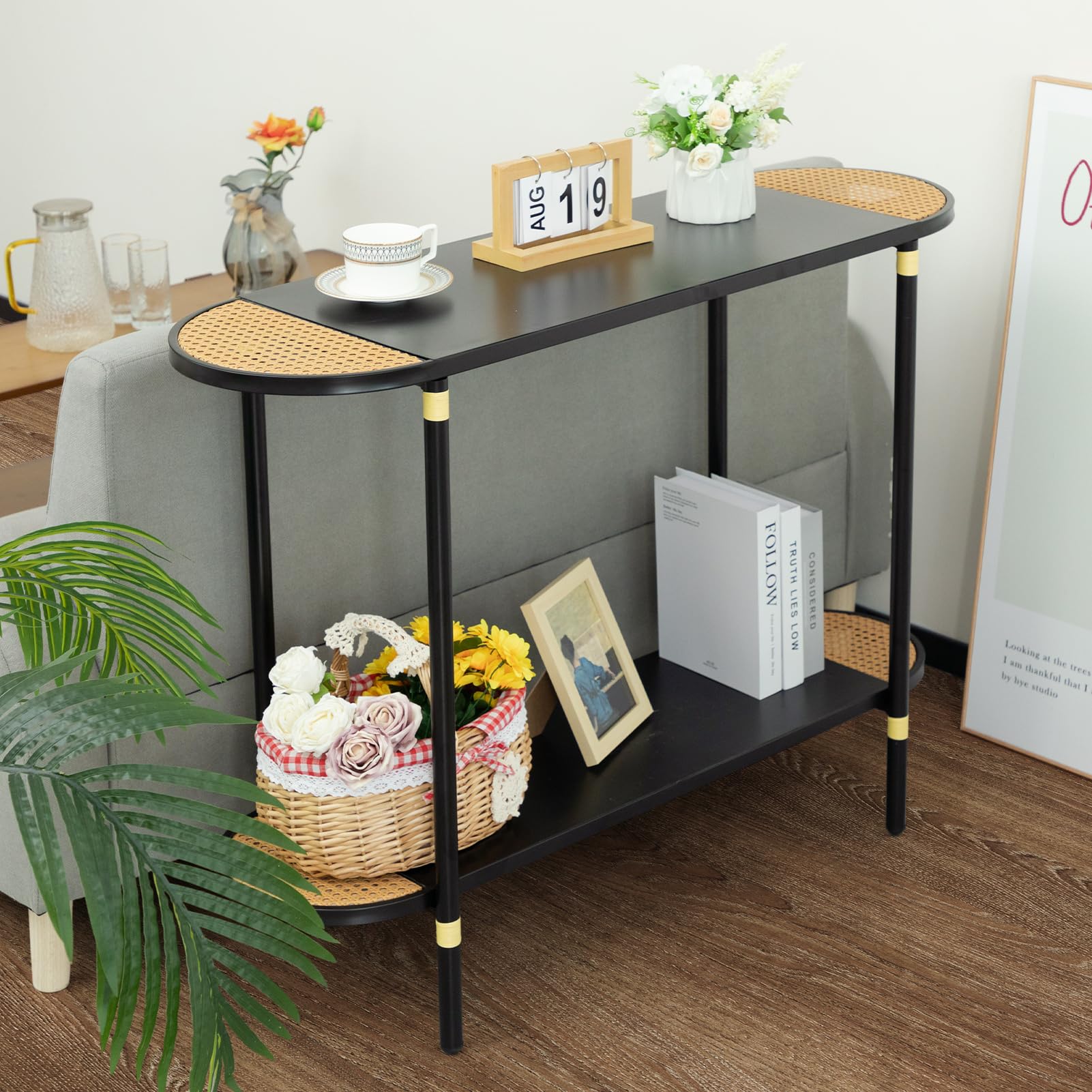 HollyHOME Black Metal Console Table with Rattan Decor - 42.32