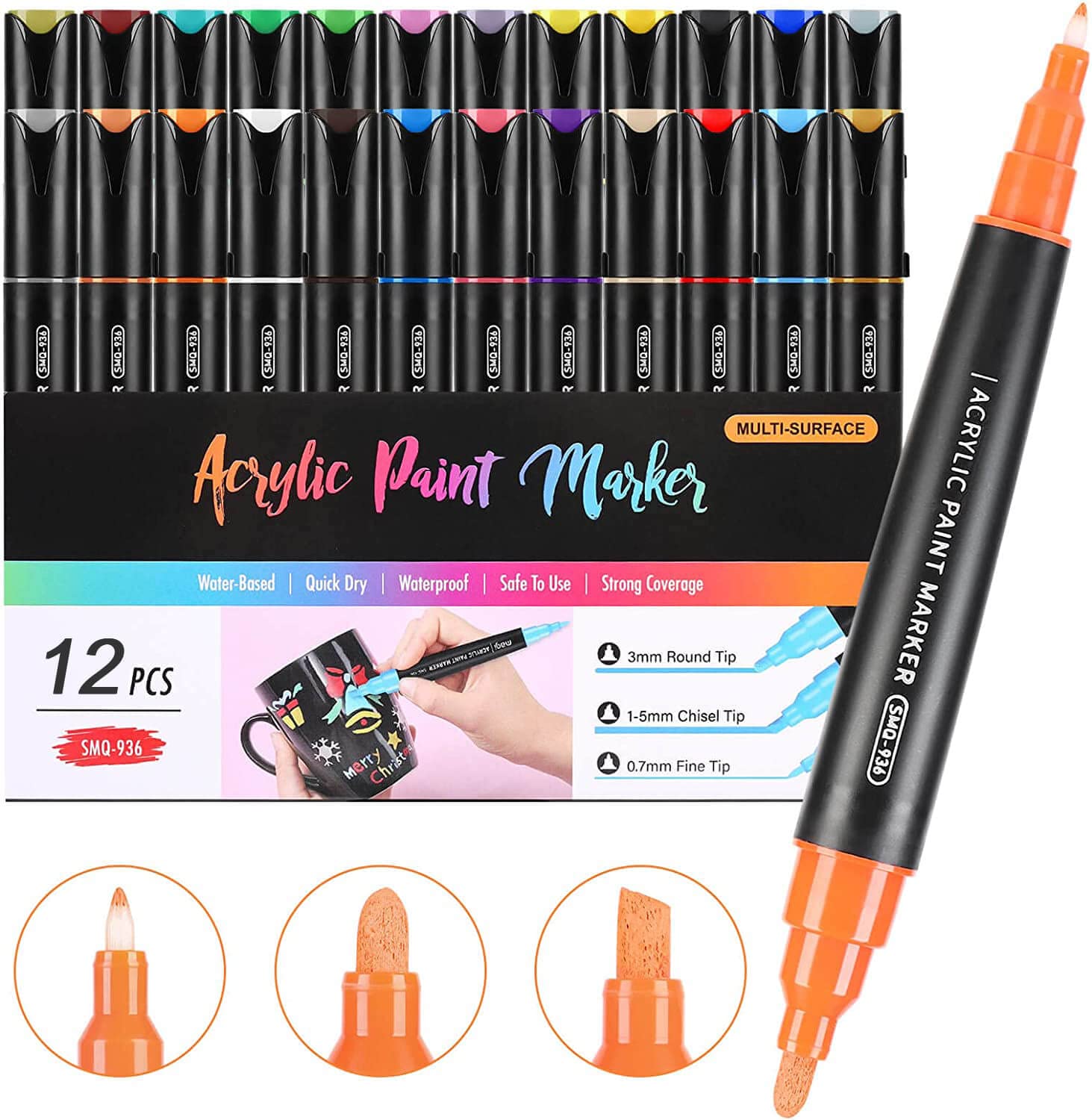 12 Colors Acrylic Paint Markers with Fine, Medium & Chisel Tips - Multi-Surface Art Pens for Rock Painting, Wood, Canvas, Ceramic, Fabric - Perfect for DIY Crafts, Home Decor & Professional Art Projects
