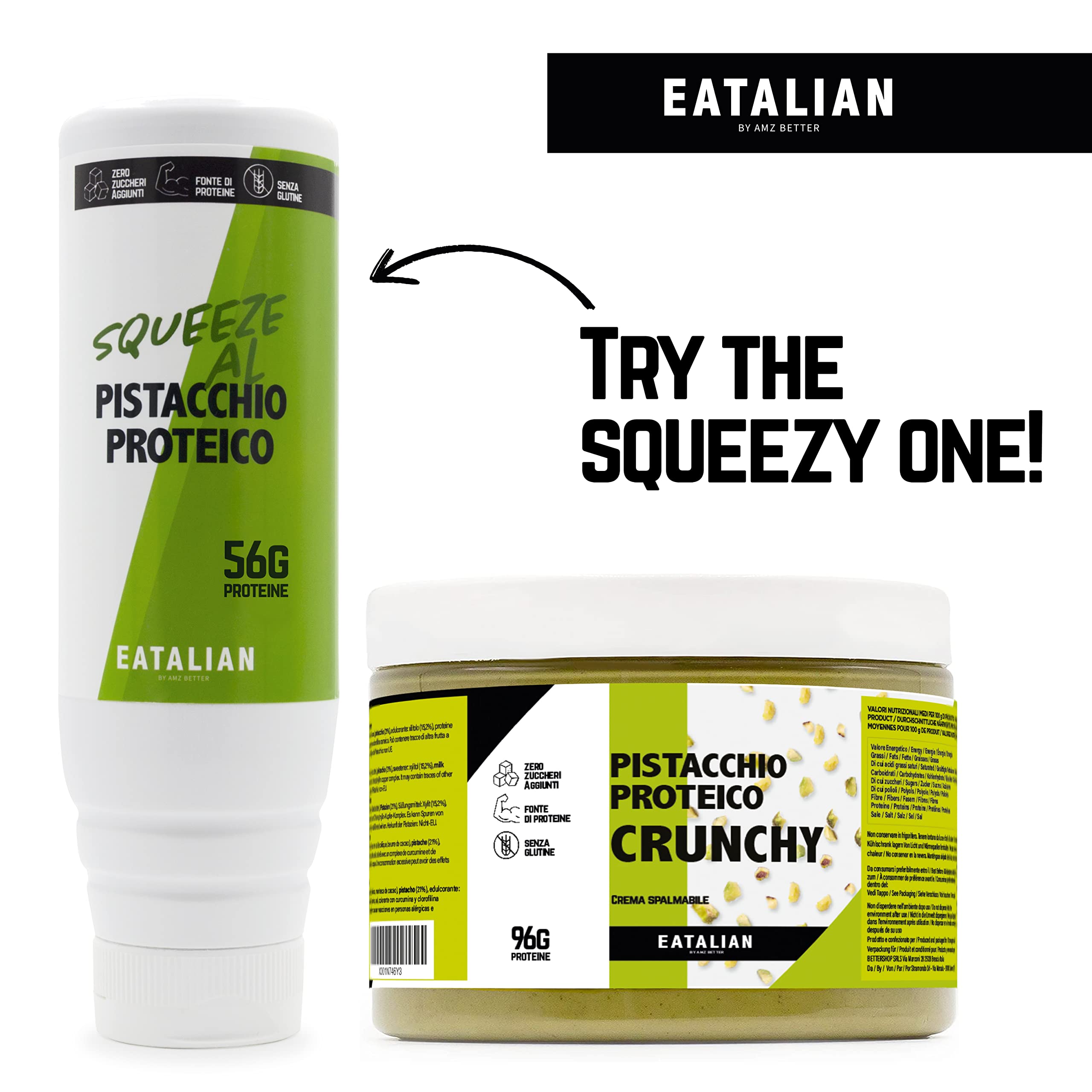 EATALIAN by AMZ BETTER Spreadable Crunchy Pistachio Protein Cream 17.63 oz (500g) - Italian Pistachio Butter with Protein & Grains, Sweet Nutty Flavor - Perfect for Toast, Pastry Filling, Baking & Healthy Snacks - Made in Italy