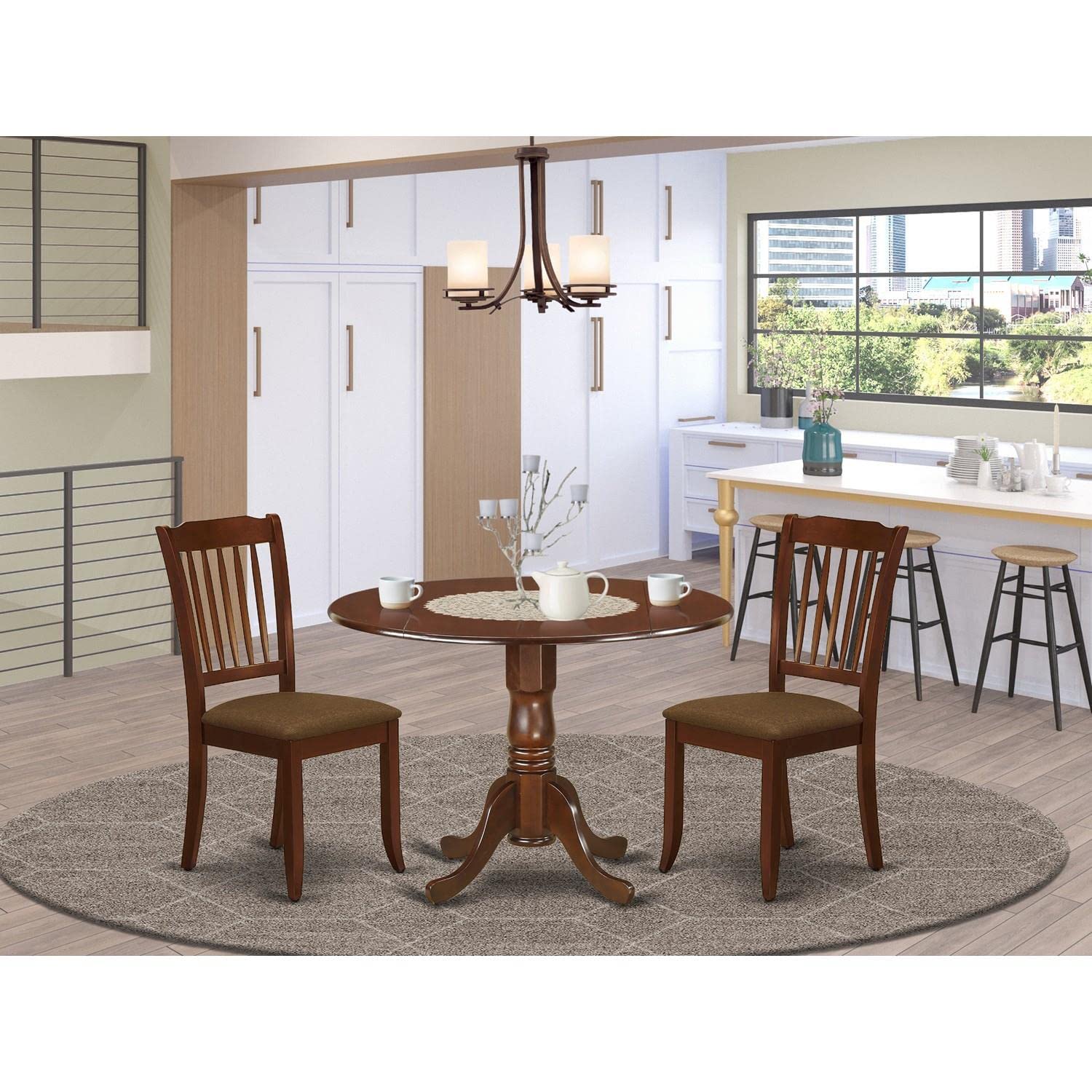 East West Furniture DLDA3-MAH-C 3-Piece Modern Dining Room Set - Round Mahogany Wood Drop Leaf Table with 2 Linen Fabric Chairs, 42x42 Inch - Perfect for Small Spaces, Breakfast Nooks & Apartment Dining Areas