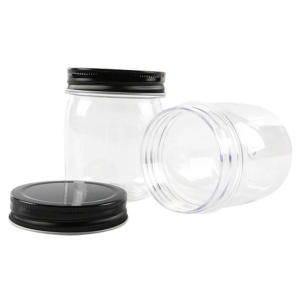 Novelinks 8oz Clear Plastic Jars with Black Lids - 16 Pack BPA-Free Refillable Round Containers for Kitchen Pantry Organization, Bathroom Storage, Craft Supplies & DIY Projects