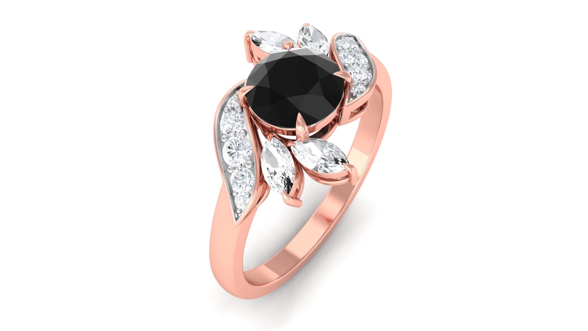 1.50 CT Black Onyx & Moissanite Engagement Ring for Women - 6mm Round Cut Black Onyx Leaf Ring in 14K Gold - Perfect for Weddings, Anniversaries & Special Occasions