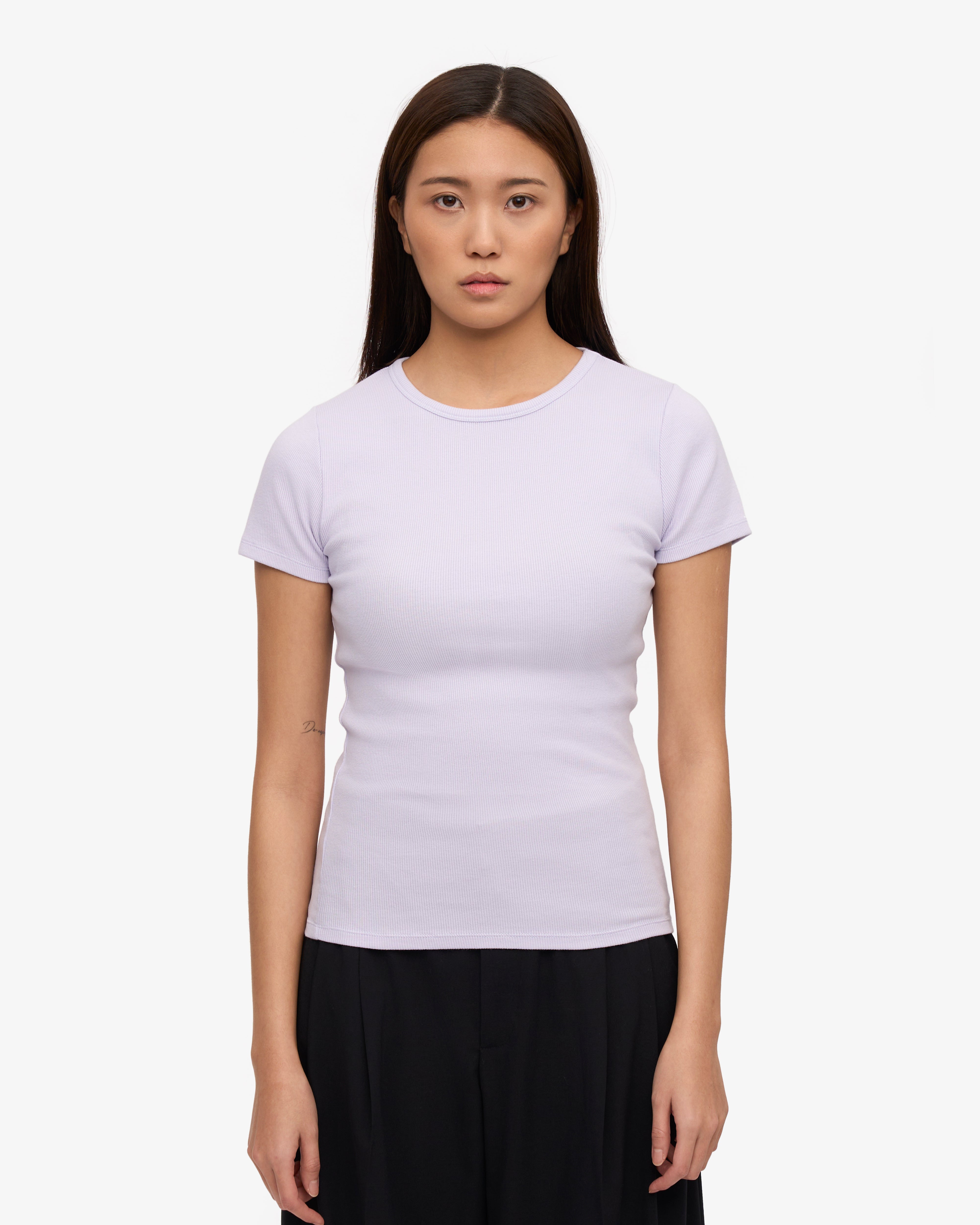Organic Cotton Ribbed T-Shirt for Women - Soft Lavender Color - Perfect for Casual Wear, Yoga & Everyday Comfort