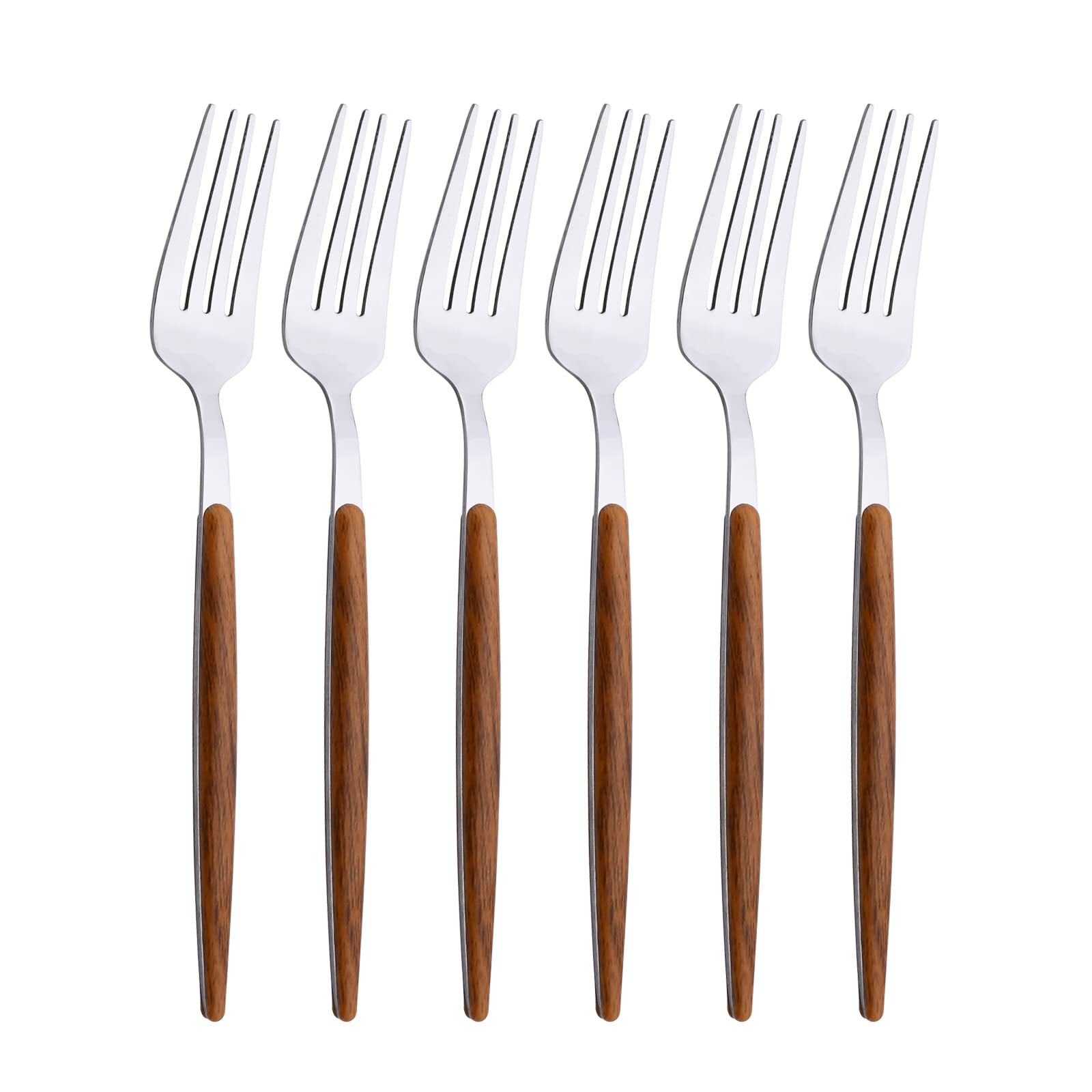 6-Piece Stainless Steel Dinner Forks Set with Wooden Effect Handle - Mirror Finish, Dishwasher Safe - Perfect for Home, Kitchen, Restaurant & Hotel Use (8.27 Inches) - Ideal for Fine Dining, Dinner Parties & Everyday Meals