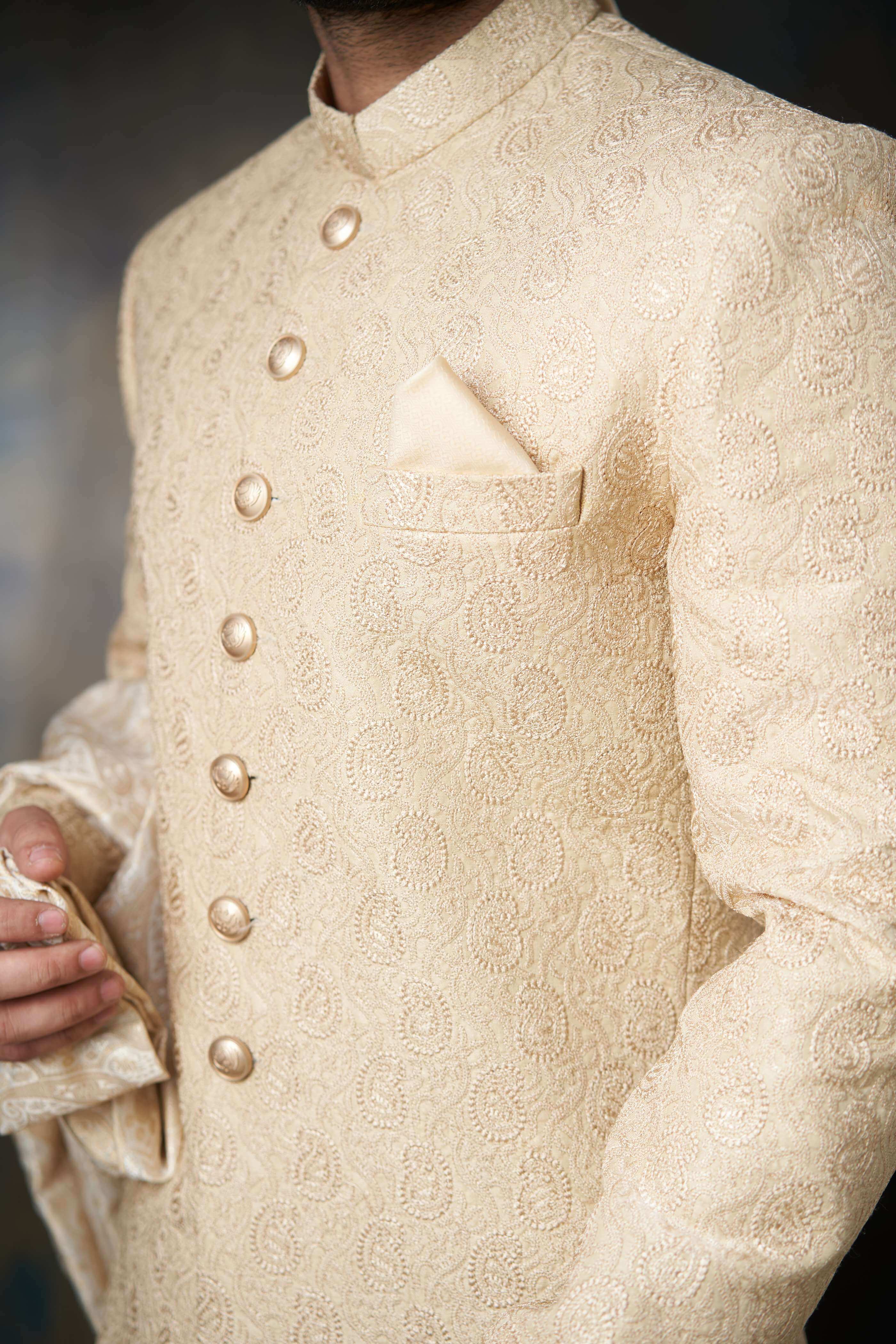 Luxury Gold Paisley Raw Silk Sherwani for Men with Custom AI Signature Buttons - Perfect for Weddings, Indian Festivals & Special Occasions