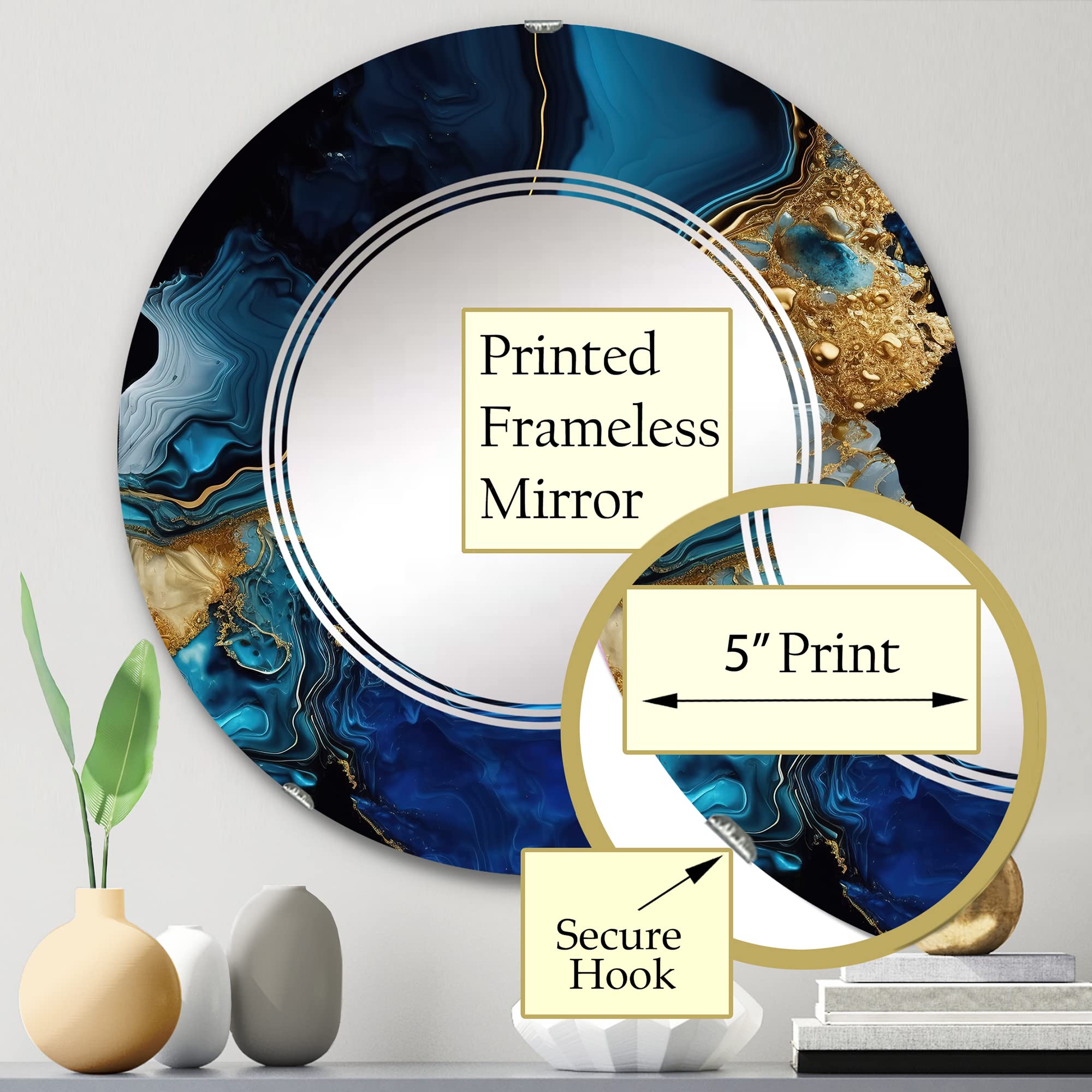 DesignQ Abstract Marble Wall Mirror - 24 Inch Oval & Round Modern Bathroom Vanity Mirror with Golden Azure Geode Marble Print - Elegant Home Decor for Bathroom, Bedroom & Living Room