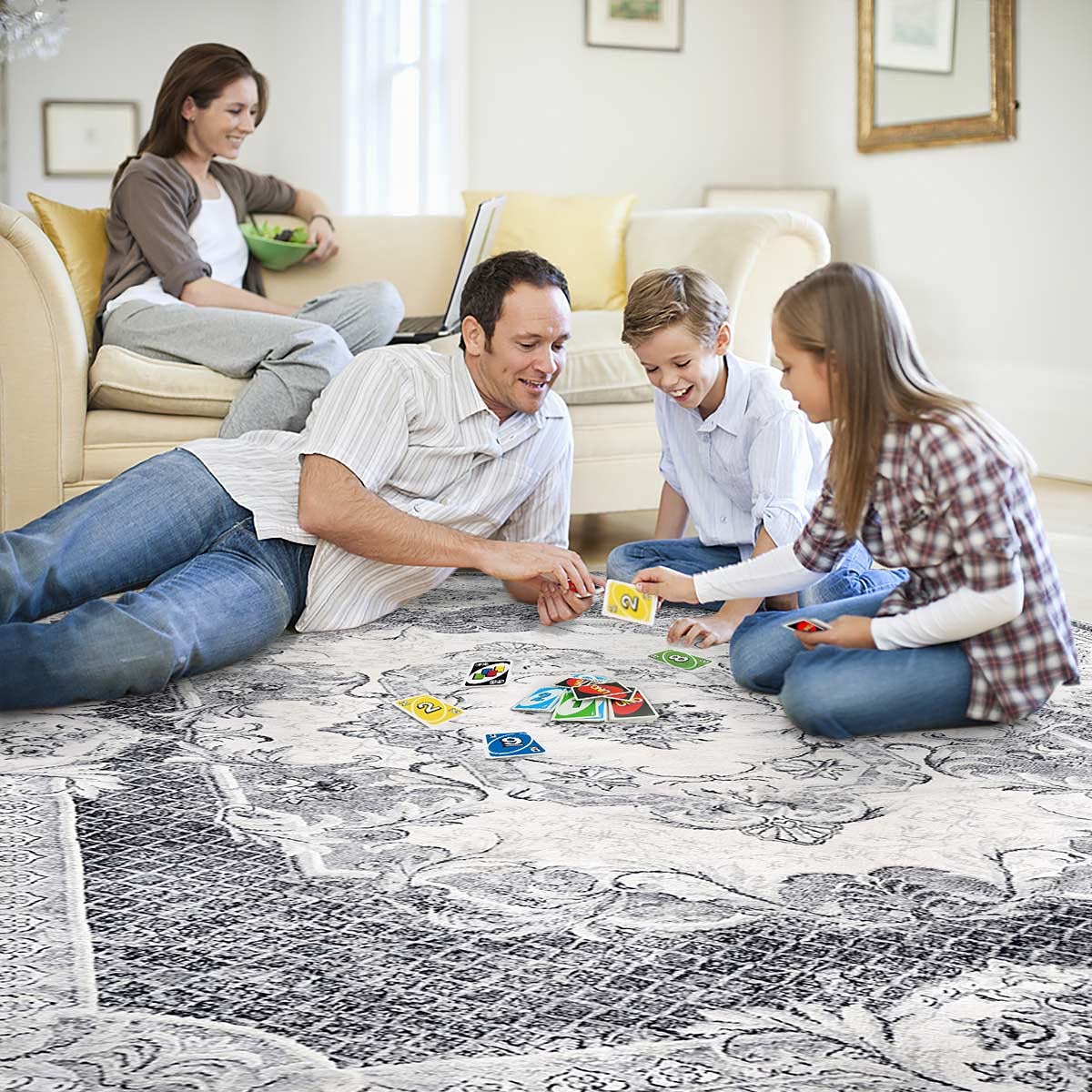 Calore Non-Slip Washable Area Rug 5.3'x6.7' - Soft Indoor Carpet for Living Room, Bedroom & Dining Room - Grey and White - Perfect for Home Decor, Pet-Friendly & High Traffic Areas