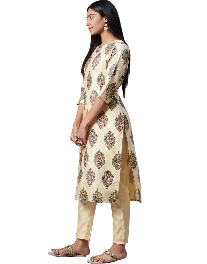 Beige Poly Silk Pant Kurti - Elegant Indian Tunic Top with Pants for Women | Perfect for Festivals, Weddings & Casual Wear