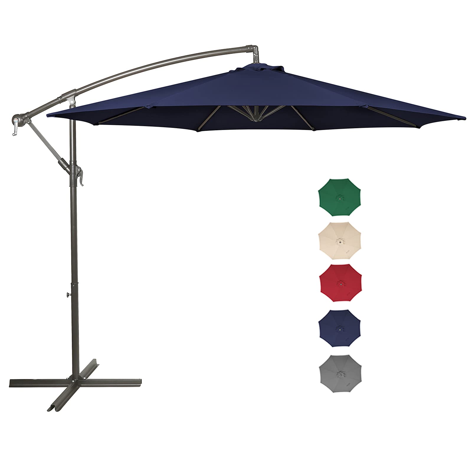 10 Ft Navy Blue Outdoor Cantilever Patio Umbrella with Crank & Cross Base - 8 Ribs, Offset Hanging Market Umbrella for Poolside, Deck, Garden, and Backyard Relaxation