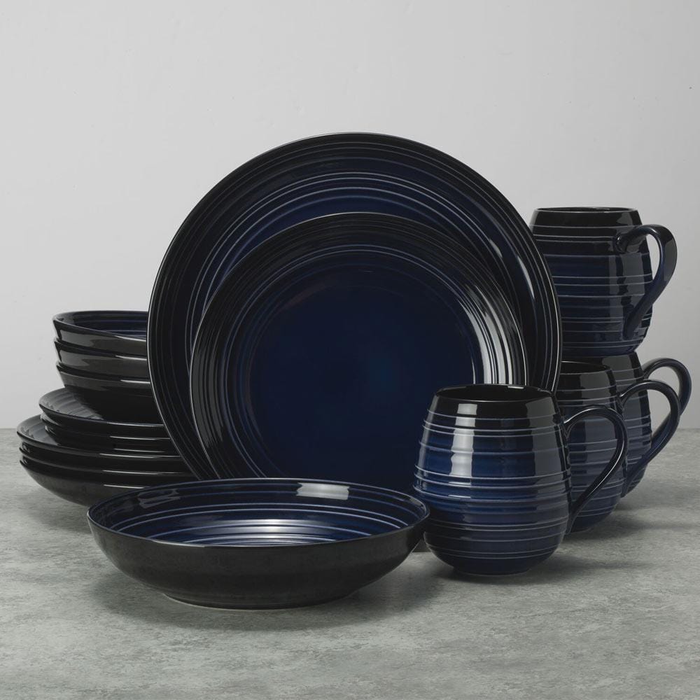 Swirl Black Coupe with Cobalt Ombre Accent 16-Piece Dinnerware Set - Service for 4 - Elegant Tableware for Modern Dining, Dinner Parties & Home Decor