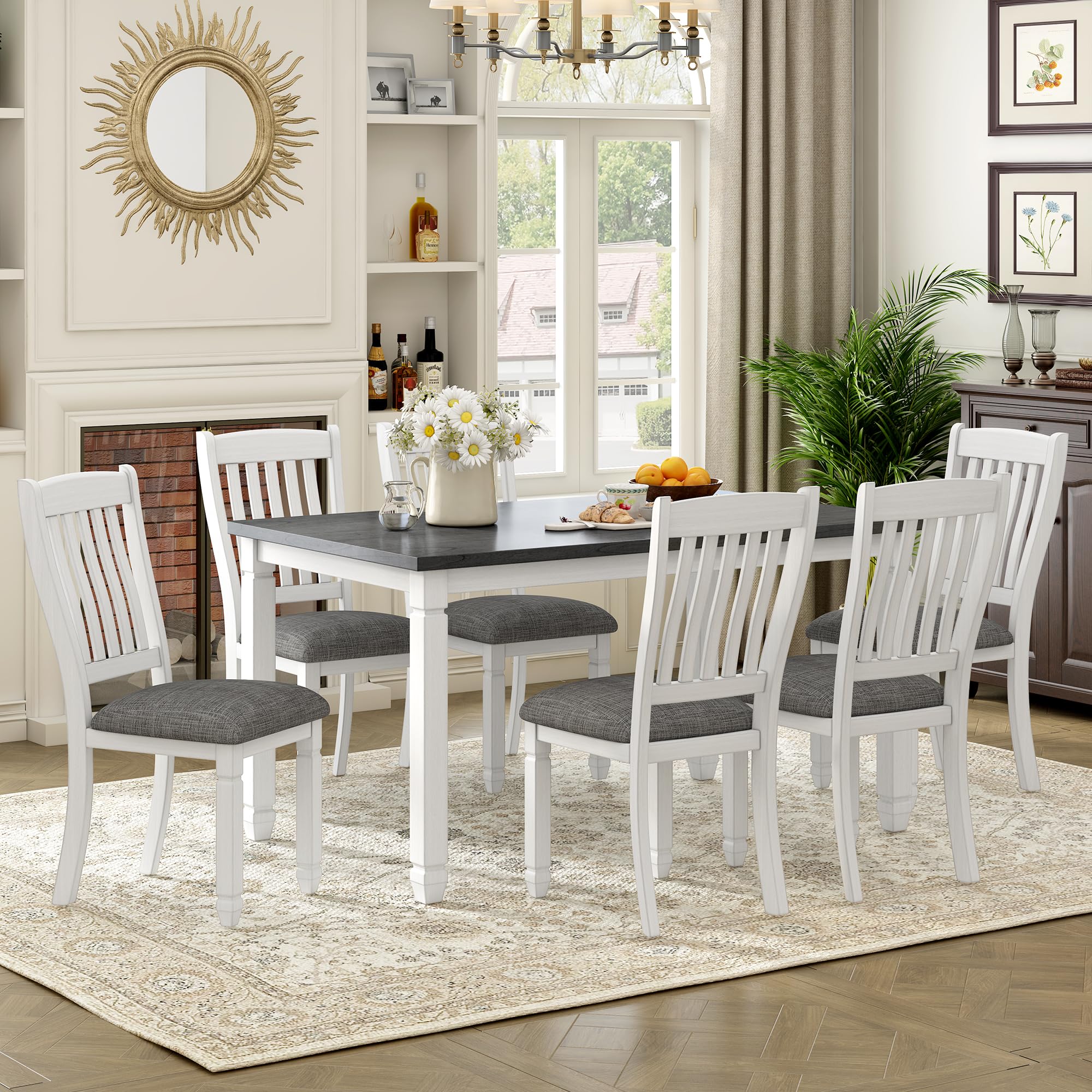 Solid Wood Country Kitchen Table and Chairs Set for 6 - Rustic Farmhouse Dining Room Furniture with Tapered Legs - Perfect for Family Meals, Entertaining Guests & Cozy Breakfast Nooks